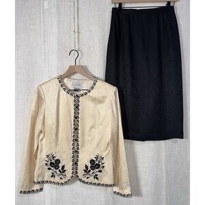 Adrianna Papell 100% Silk Skirt Blazer Suit Set Women's Sz 6 Champagne Black